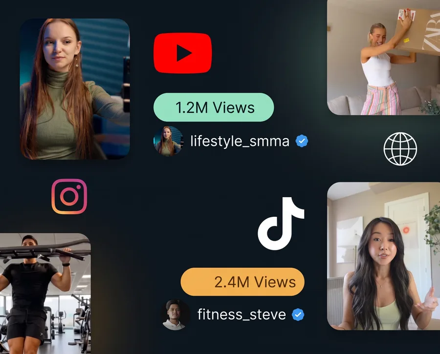 Creator profiles found across YouTube, Instagram, TikTok and the web, with their view counts