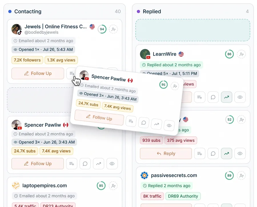 Dragging a partner from Contacting into Replied in the recruitment pipeline
